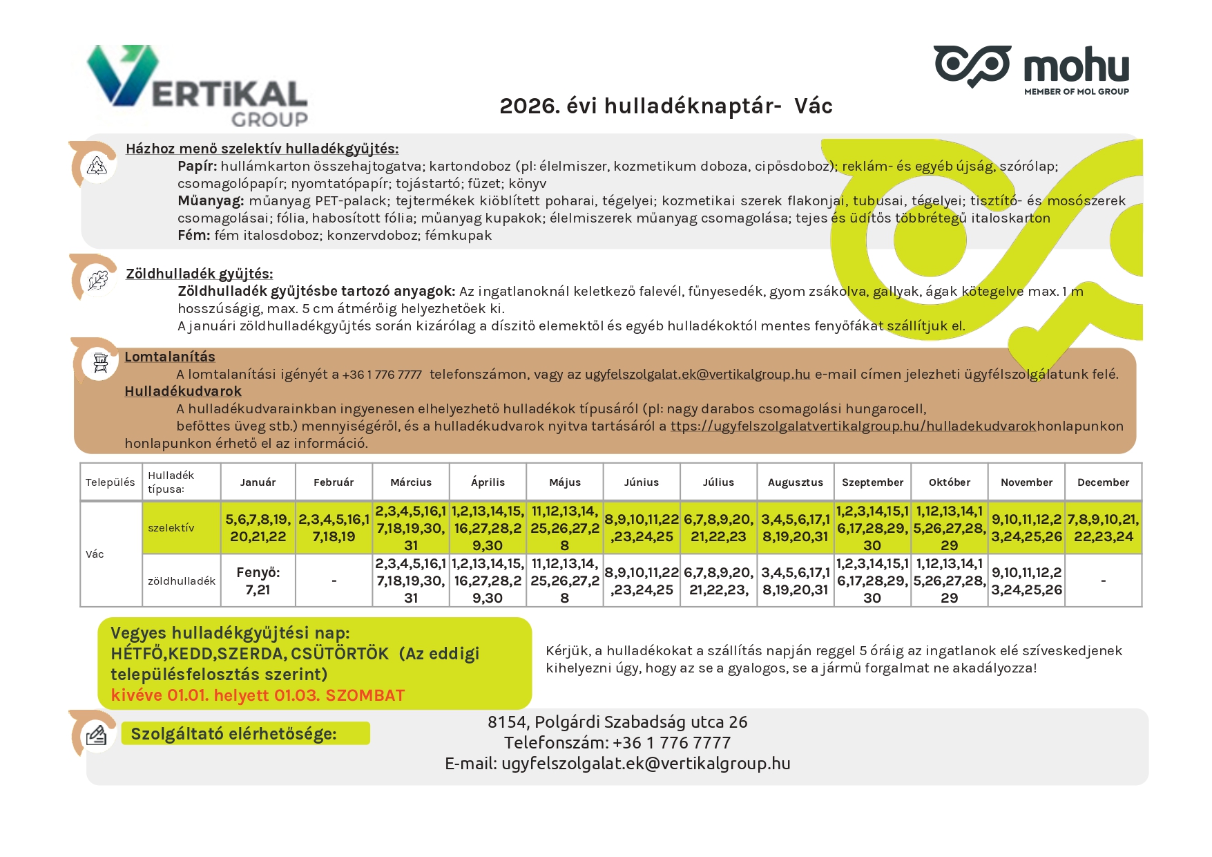 Kedden elkezdődött a zöldhulladék gyűjtése a Vertikal Group táblázata szerint